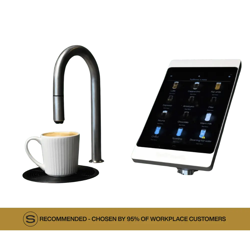 TopBrewer TP1 Under Counter Office Coffee Machine Showing the Counter Top installation with swan neck, drip tray and deluxe iPad holder