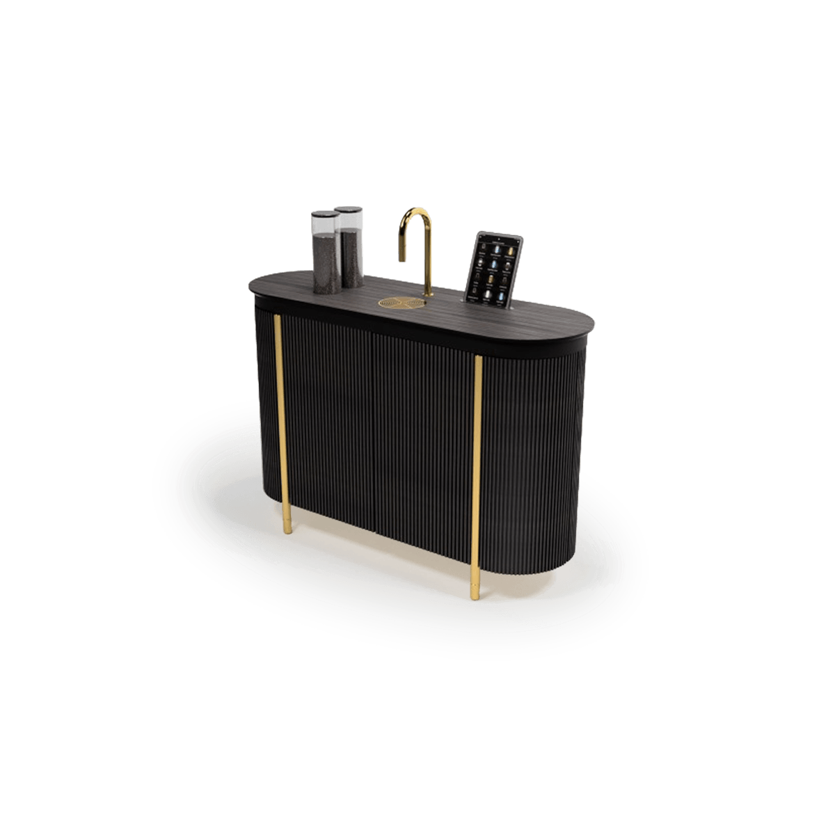 Scanomat Radius Cabinet showing custom cabinet design for easy TopBrewer installation in Ebony Wood.