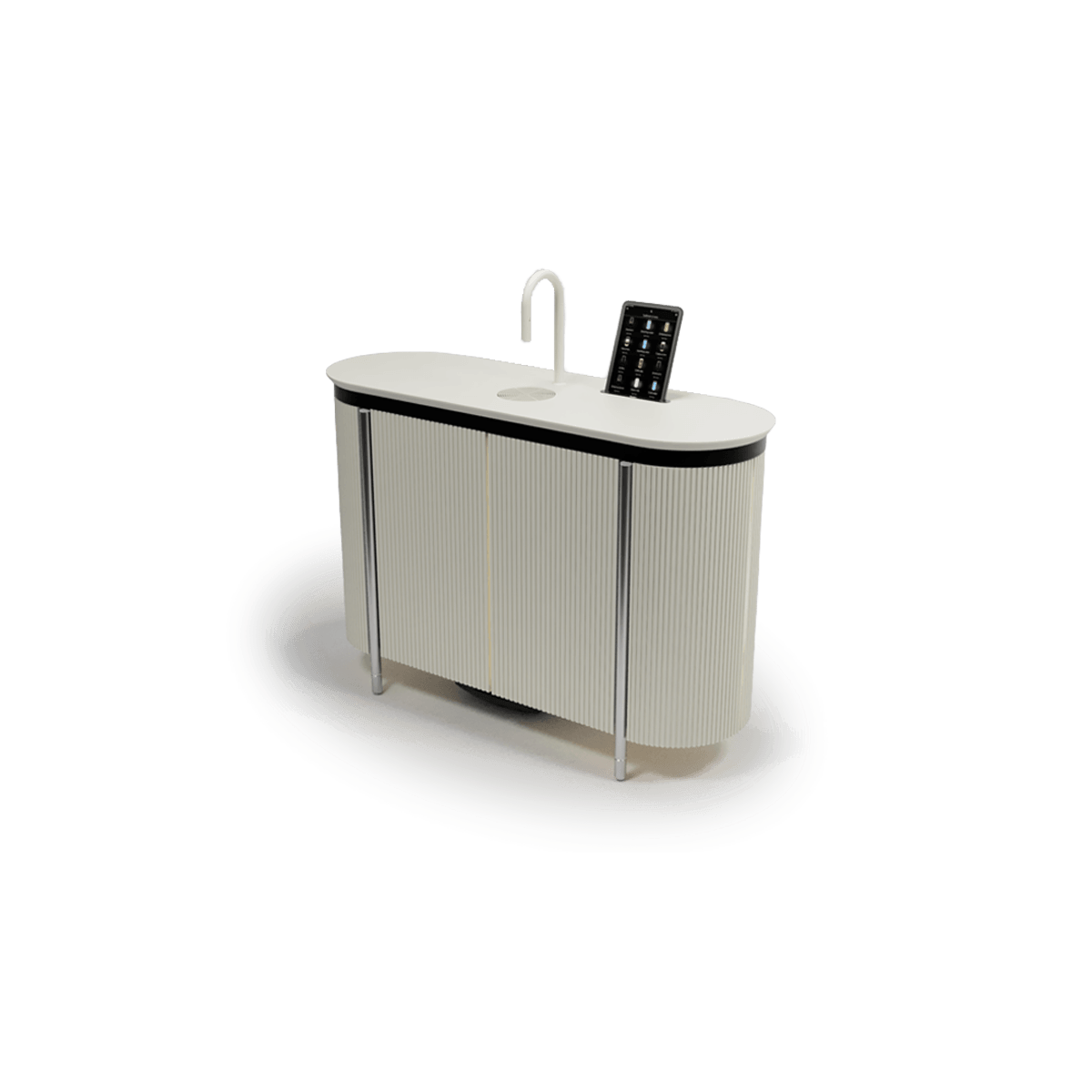 Scanomat Radius Cabinet showing custom cabinet design for easy TopBrewer installation in Wimborne White.