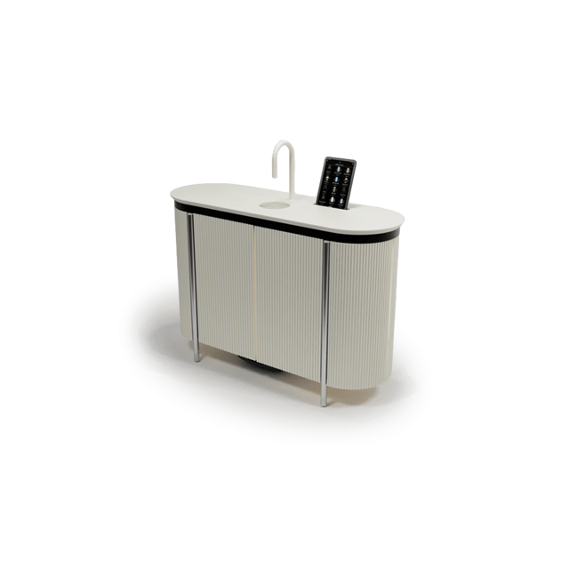 Scanomat Radius Cabinet showing custom cabinet design for easy TopBrewer installation in Wimborne White.